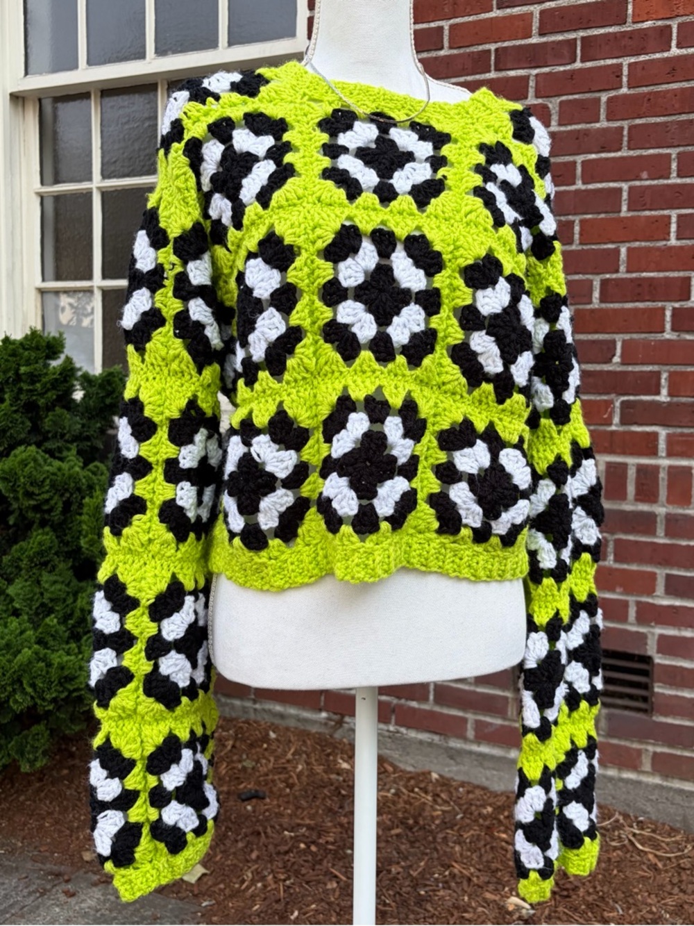 Handmade Crochet Green Granny Square Cropped Sweater